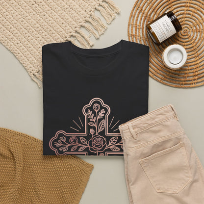 Floral Cross Tee – Delicate Pink Botanical Christian T-Shirt