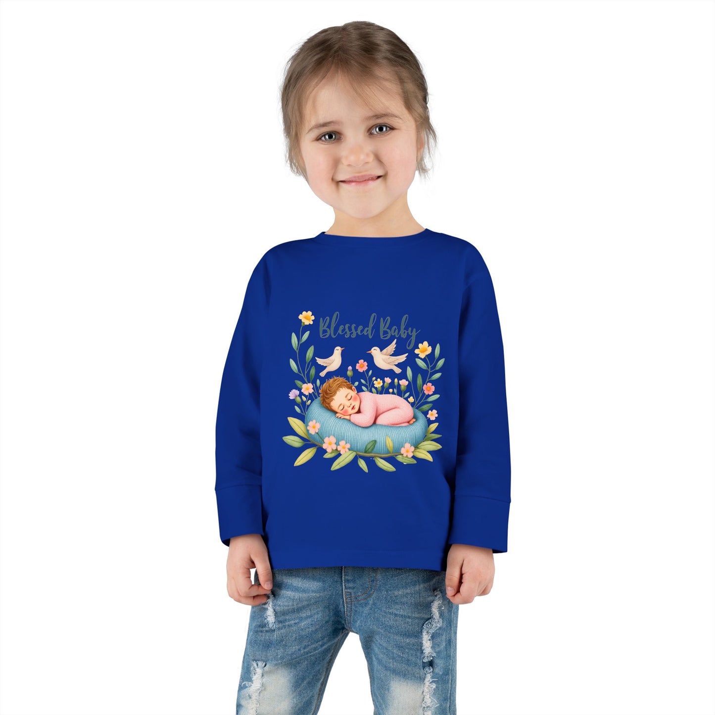Blessed Baby Toddler Long Sleeve Tee — Cute Sleeping Newborn Floral Design