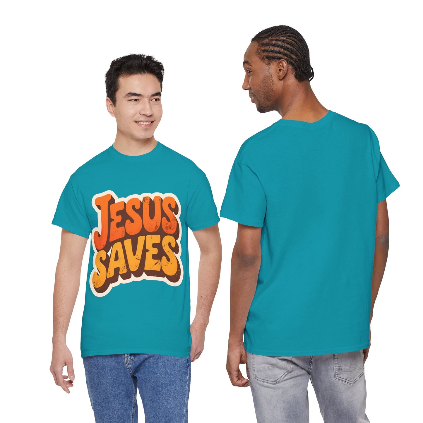 Jesus Saves Retro Tee — Bright Sunset Faith T-Shirt