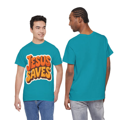 Jesus Saves Retro Tee — Bright Sunset Faith T-Shirt