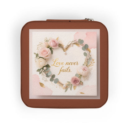 Portable Jewelry Travel Case - Pink Floral 'Love Never Fails' Organizer