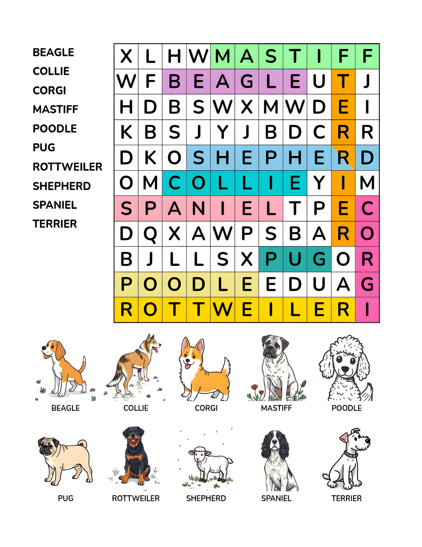 Paws and Puzzles: Dogs Word Search Activity Book | 8.5 X  11 Digital Download