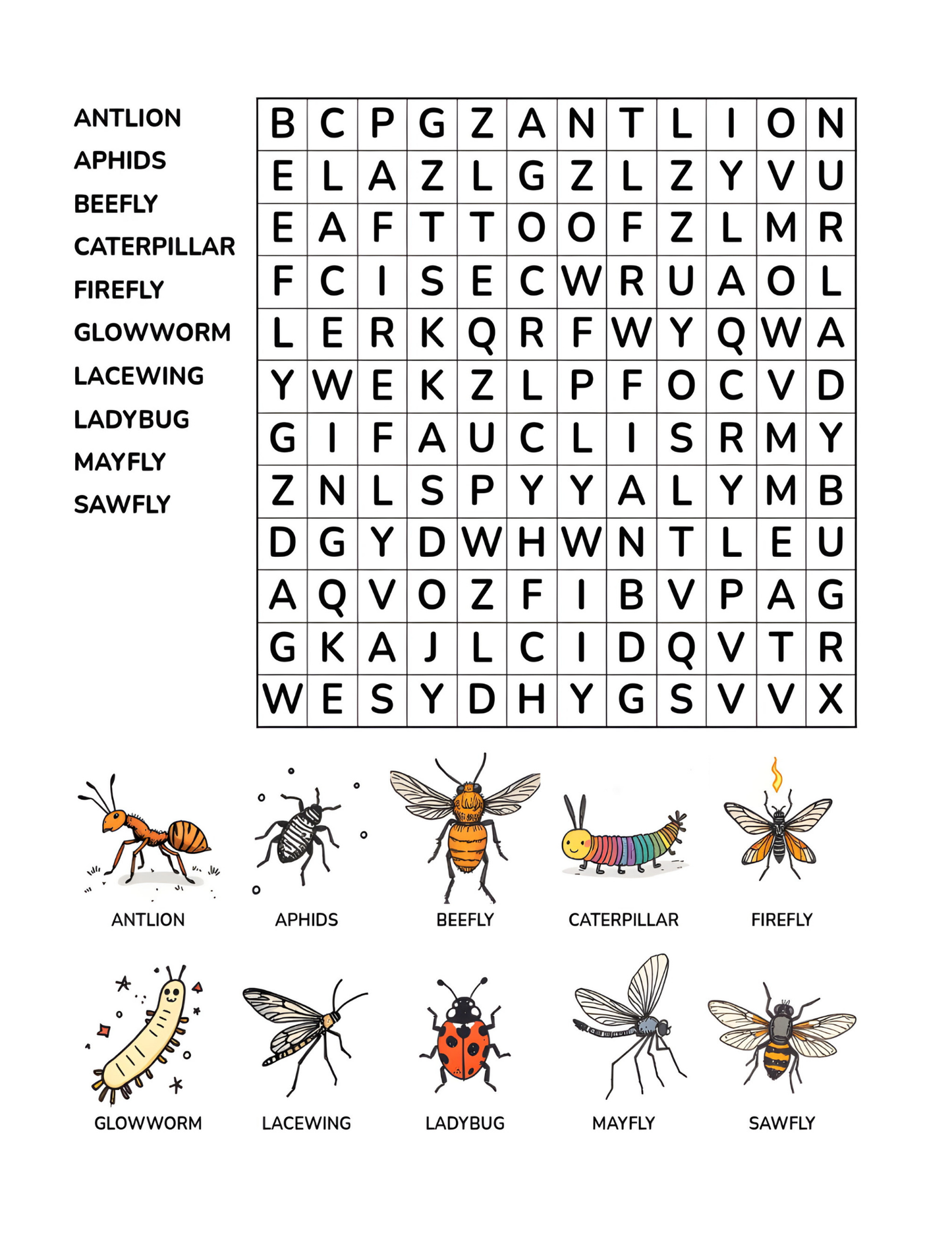 Insect Adventure Word Search Puzzle for Kids 64 Pages 8.5 x 11 Digital Download