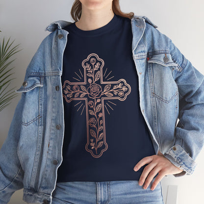 Floral Cross Tee – Delicate Pink Botanical Christian T-Shirt