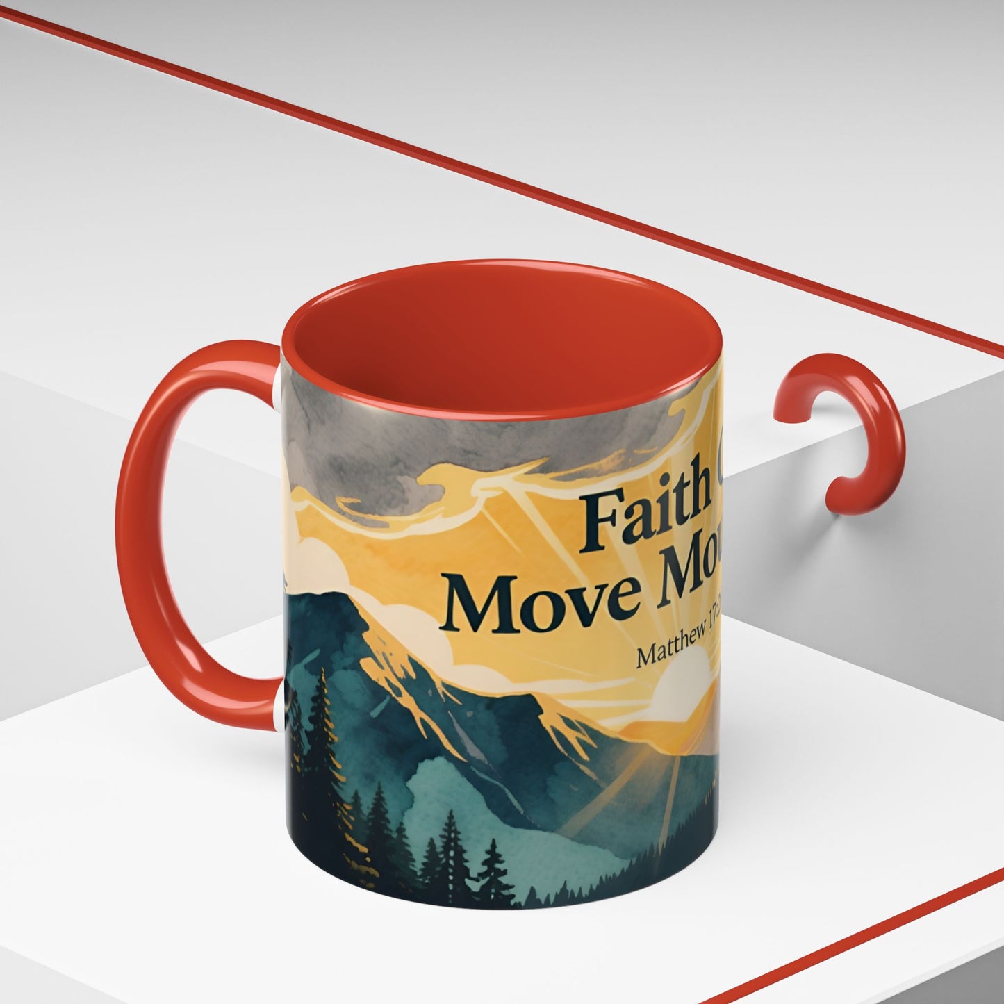 Faith Can Move Mountains Coffee Mug — Matthew 17:20 Inspirational Accent Mug