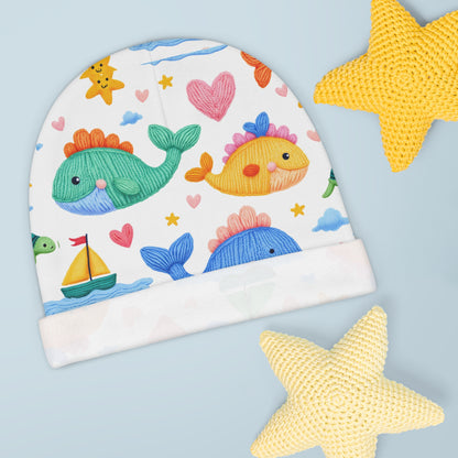 Cute Whale Baby Beanie – Colorful Nautical Infant Hat with Hearts & Sailboats