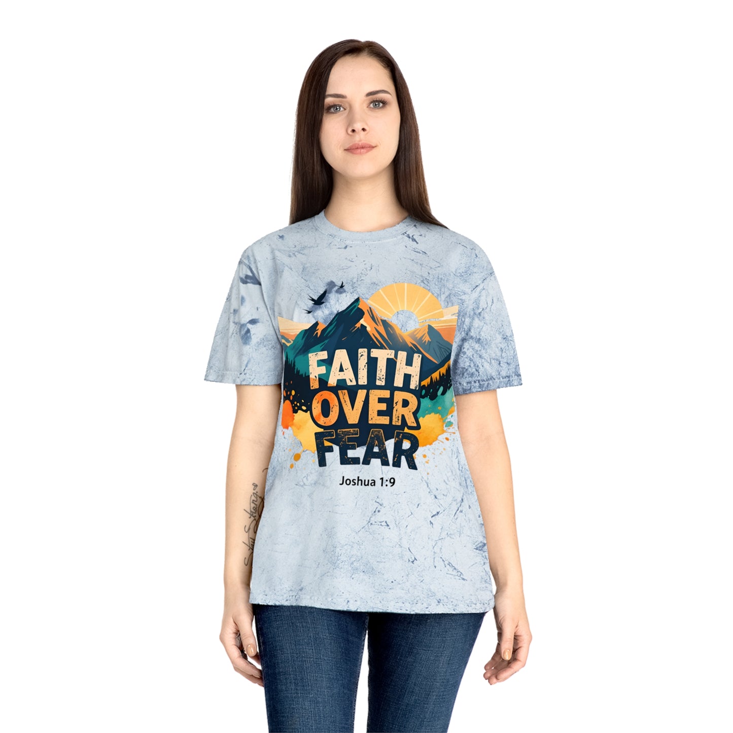 Faith Over Fear Color-Blast T-Shirt — Joshua 1:9 Retro Sunrise
