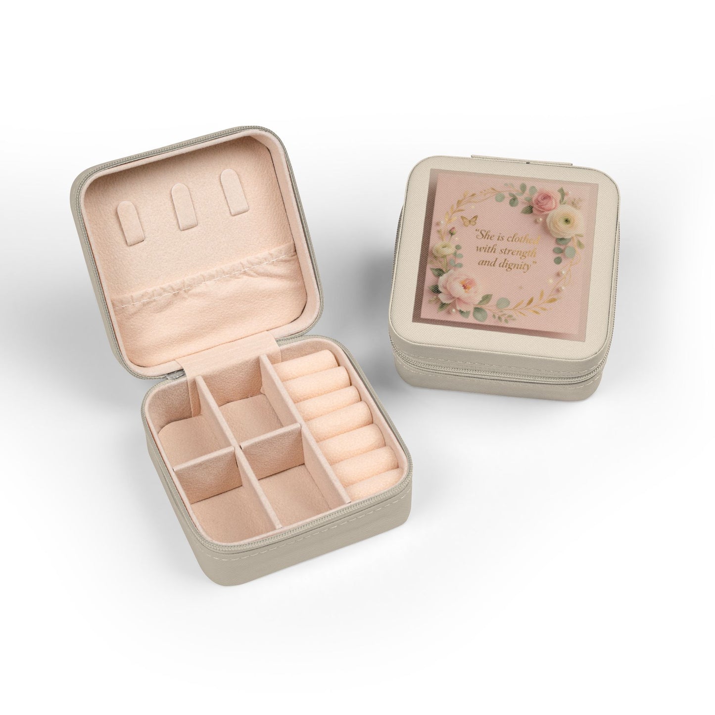 Pink Floral Jewelry Travel Case – Compact Organizer with Ring Rolls & Compartments (She is Strong with Courage and Dignity)