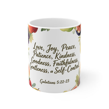 Love Joy Peace Scripture Mug — Galatians 5:22–23 Watercolor Fruit 11oz