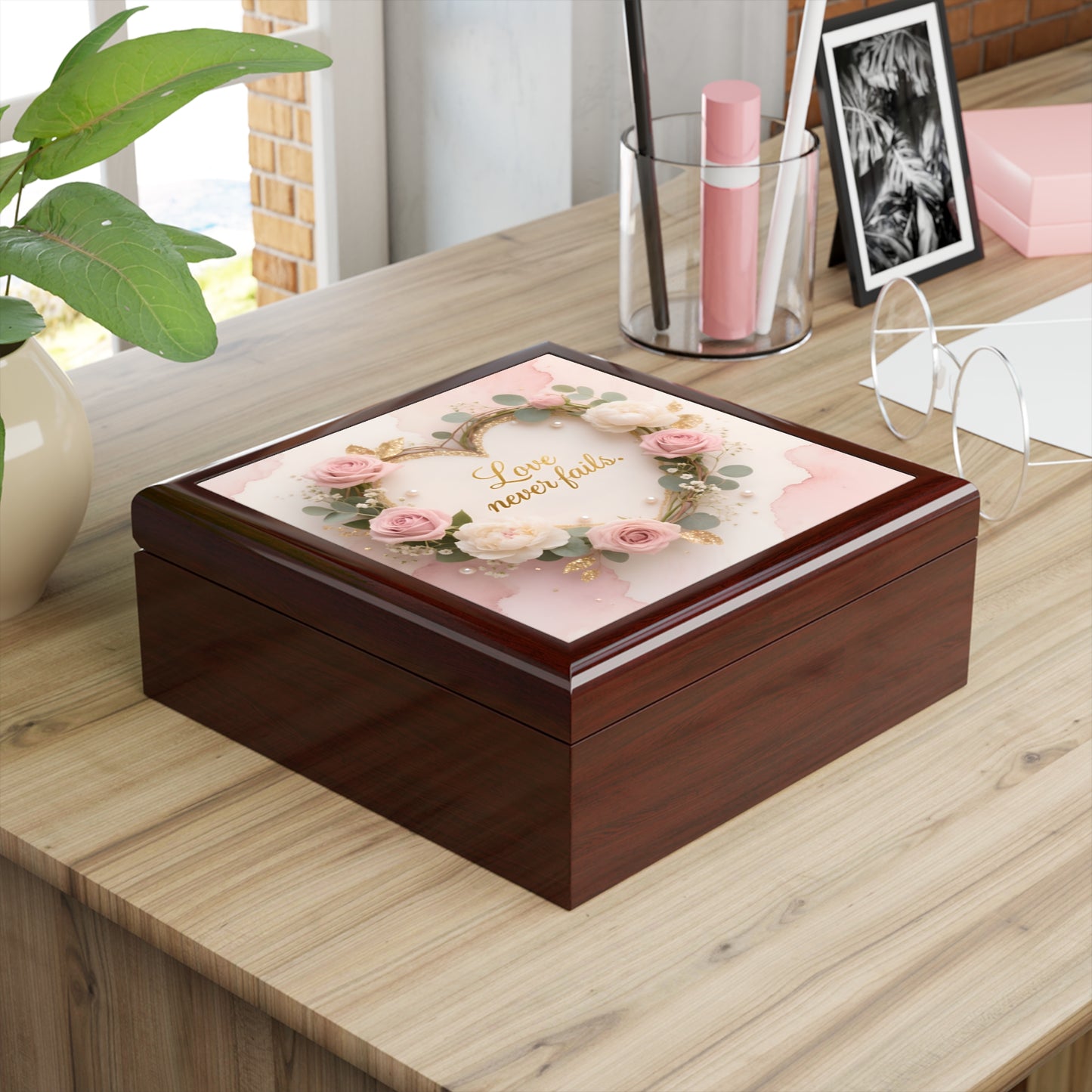 Jewelry Box - "Love Never Fails" Floral Heart Keepsake Box