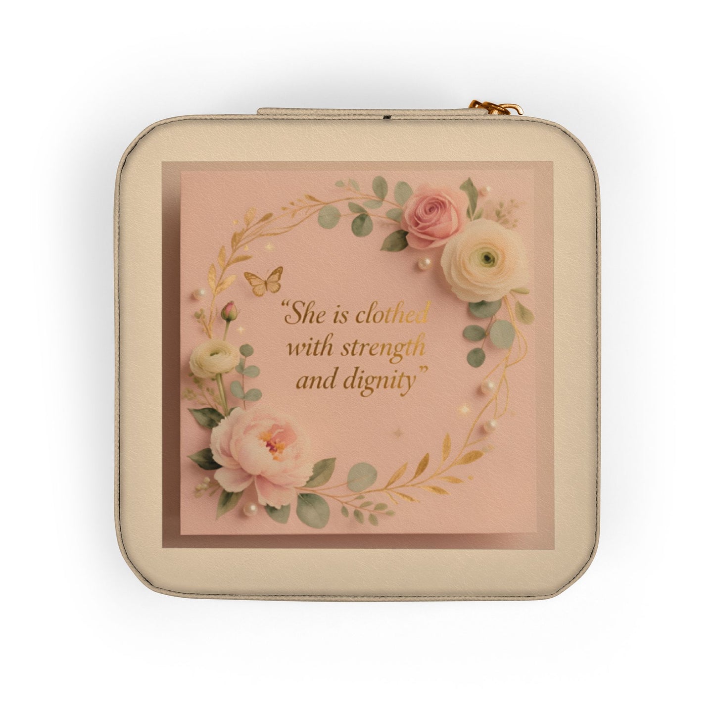 Pink Floral Jewelry Travel Case – Compact Organizer with Ring Rolls & Compartments (She is Strong with Courage and Dignity)