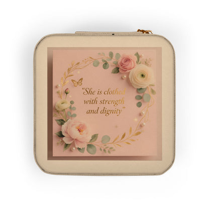 Pink Floral Jewelry Travel Case – Compact Organizer with Ring Rolls & Compartments (She is Strong with Courage and Dignity)