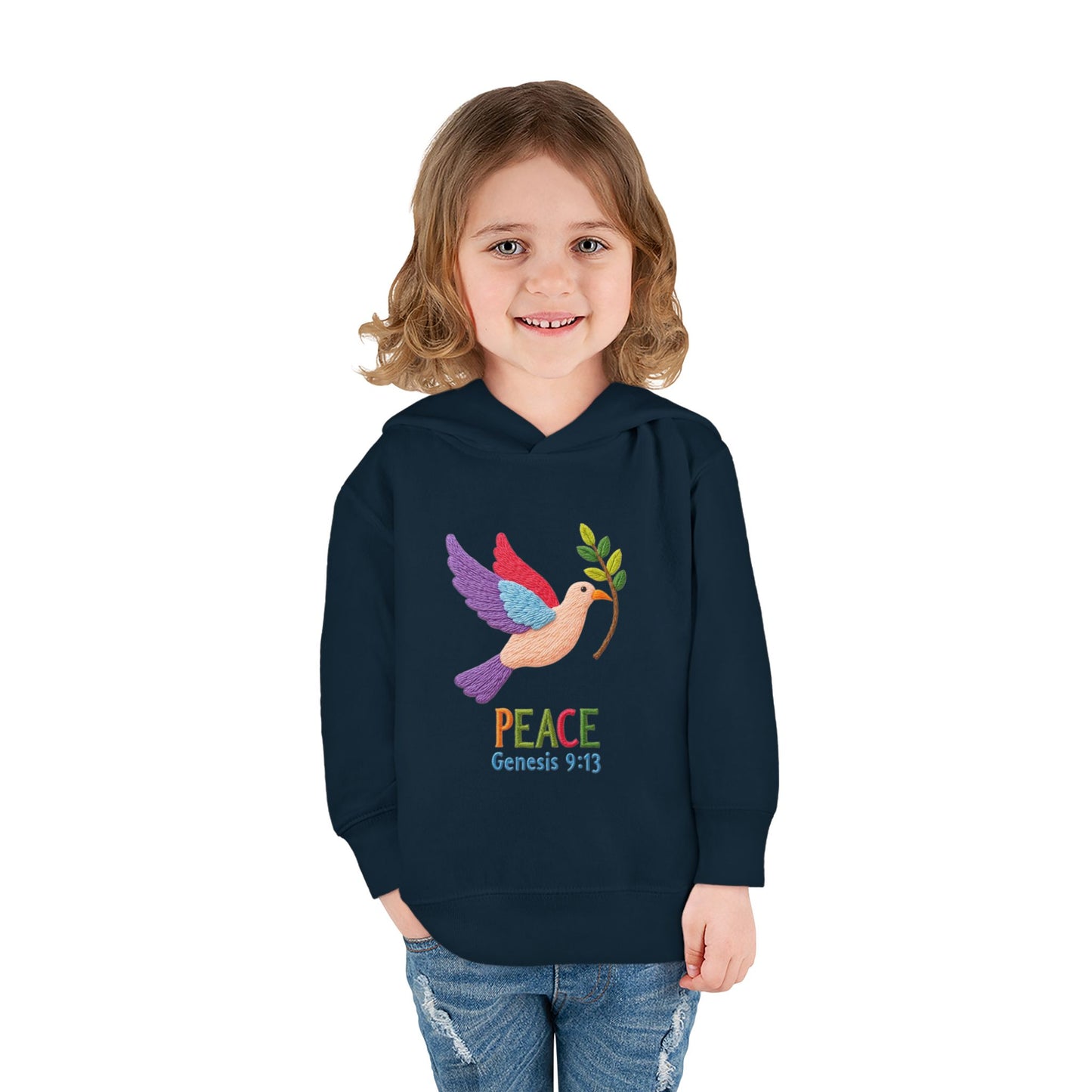 Toddler Hoodie — Colorful Peace Dove with Olive Branch & “PEACE Genesis 9:13”