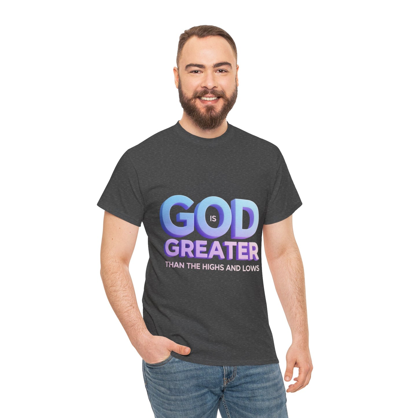 God Greater Gradient Tee — Soft Blue & Lilac Faith Shirt