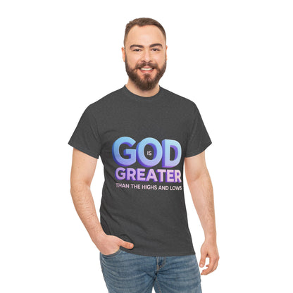 God Greater Gradient Tee — Soft Blue & Lilac Faith Shirt