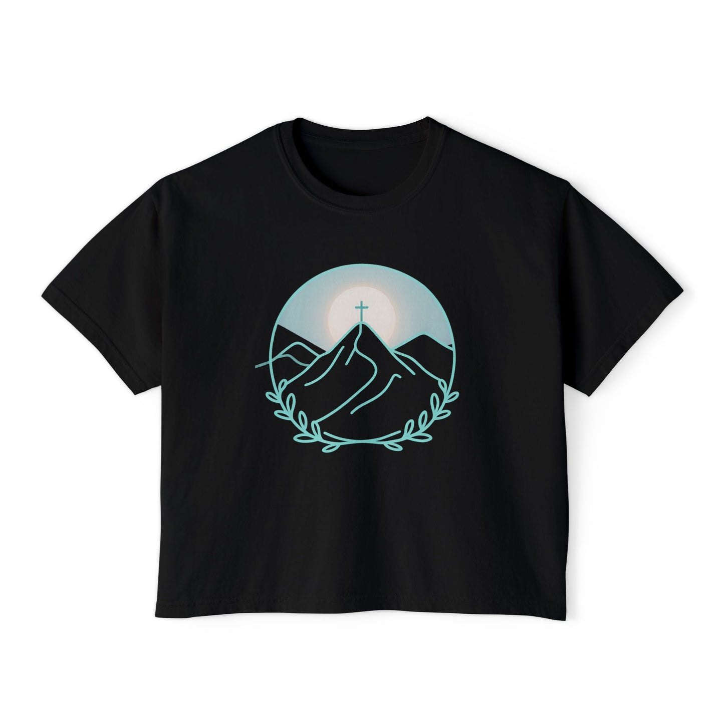 Women's Boxy Tee — Sunrise Mountain Line Art with Laurel (Calm, Faith-Inspired Vintage Tee)