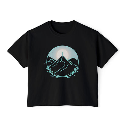 Women's Boxy Tee — Sunrise Mountain Line Art with Laurel (Calm, Faith-Inspired Vintage Tee)
