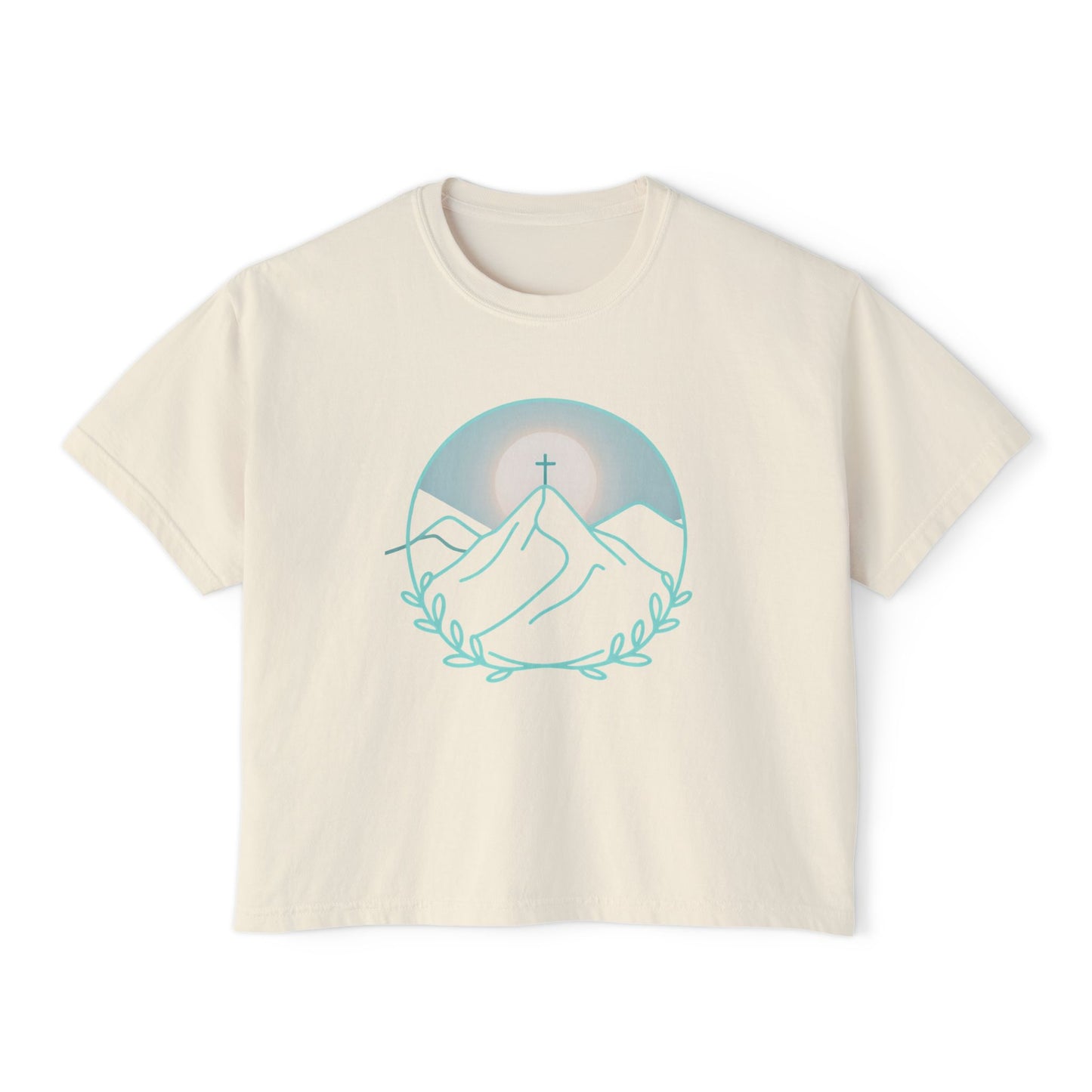Women's Boxy Tee — Sunrise Mountain Line Art with Laurel (Calm, Faith-Inspired Vintage Tee)