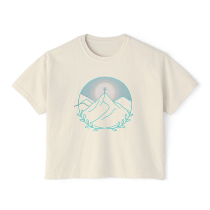 Women's Boxy Tee — Sunrise Mountain Line Art with Laurel (Calm, Faith-Inspired Vintage Tee)