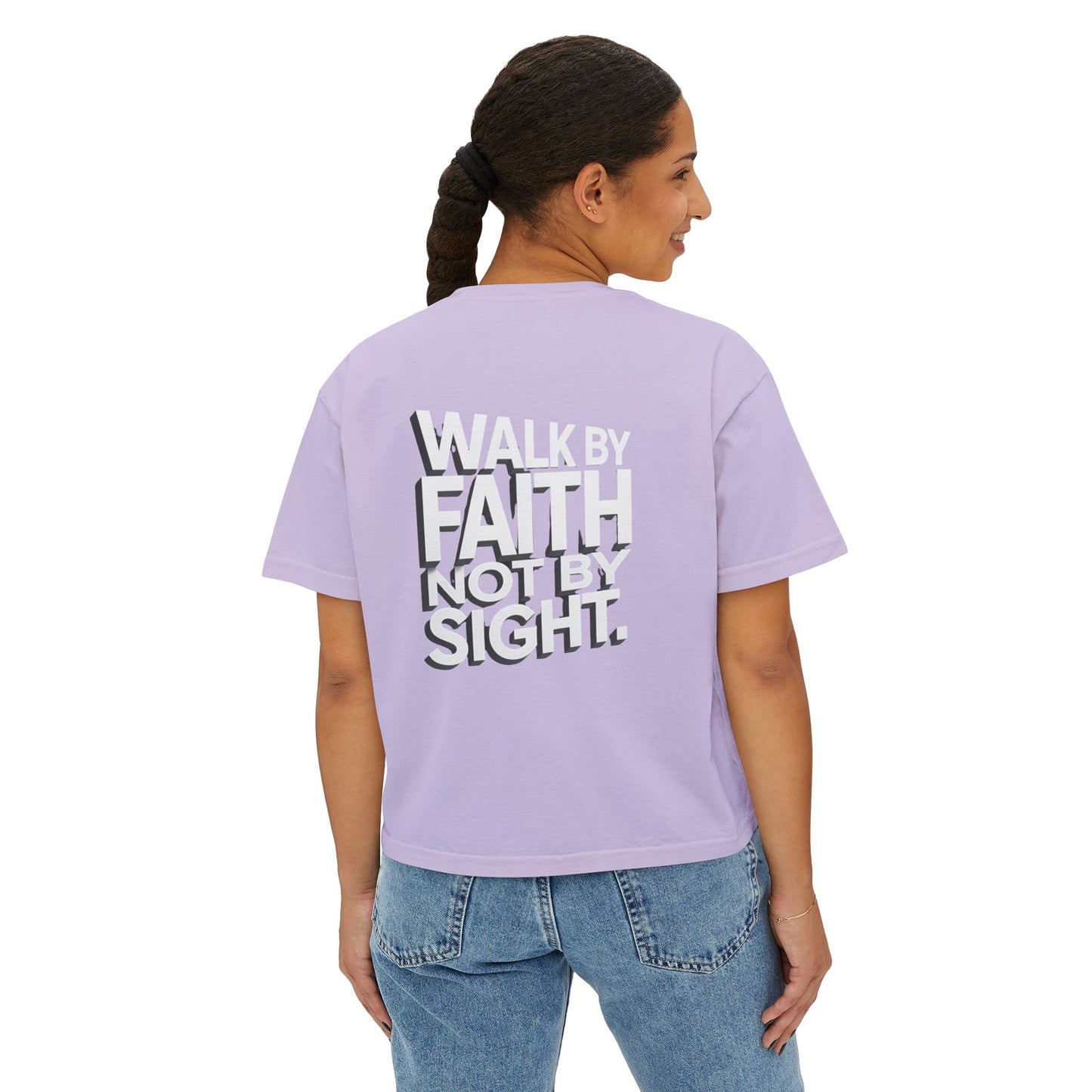 Women's Boxy Tee — "Walk By Faith Not By Sight" Graphic Crop Tee