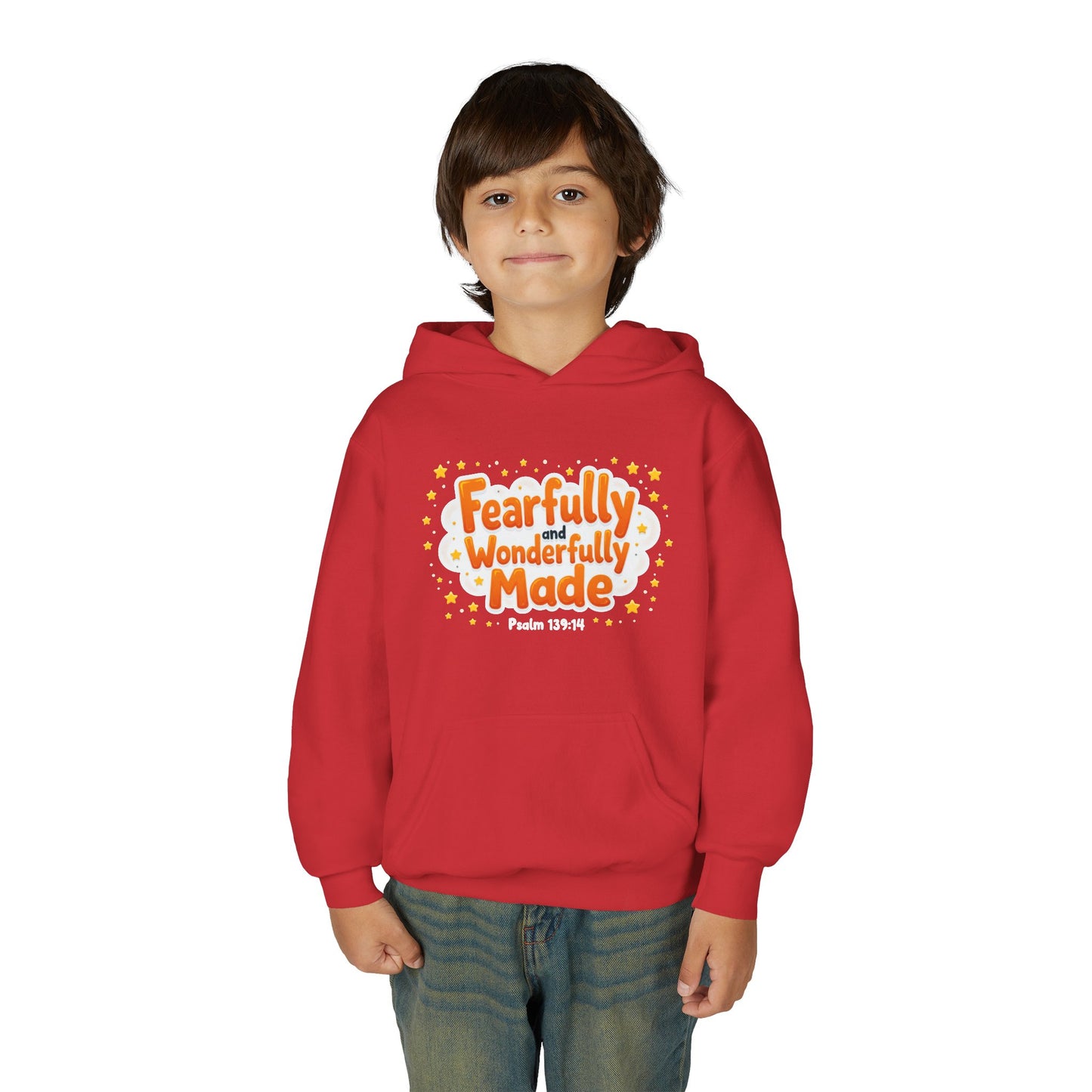 Youth Hoodie — "Fearfully & Wonderfully Made" Christian Kids Sweatshirt (Psalm 139:14)