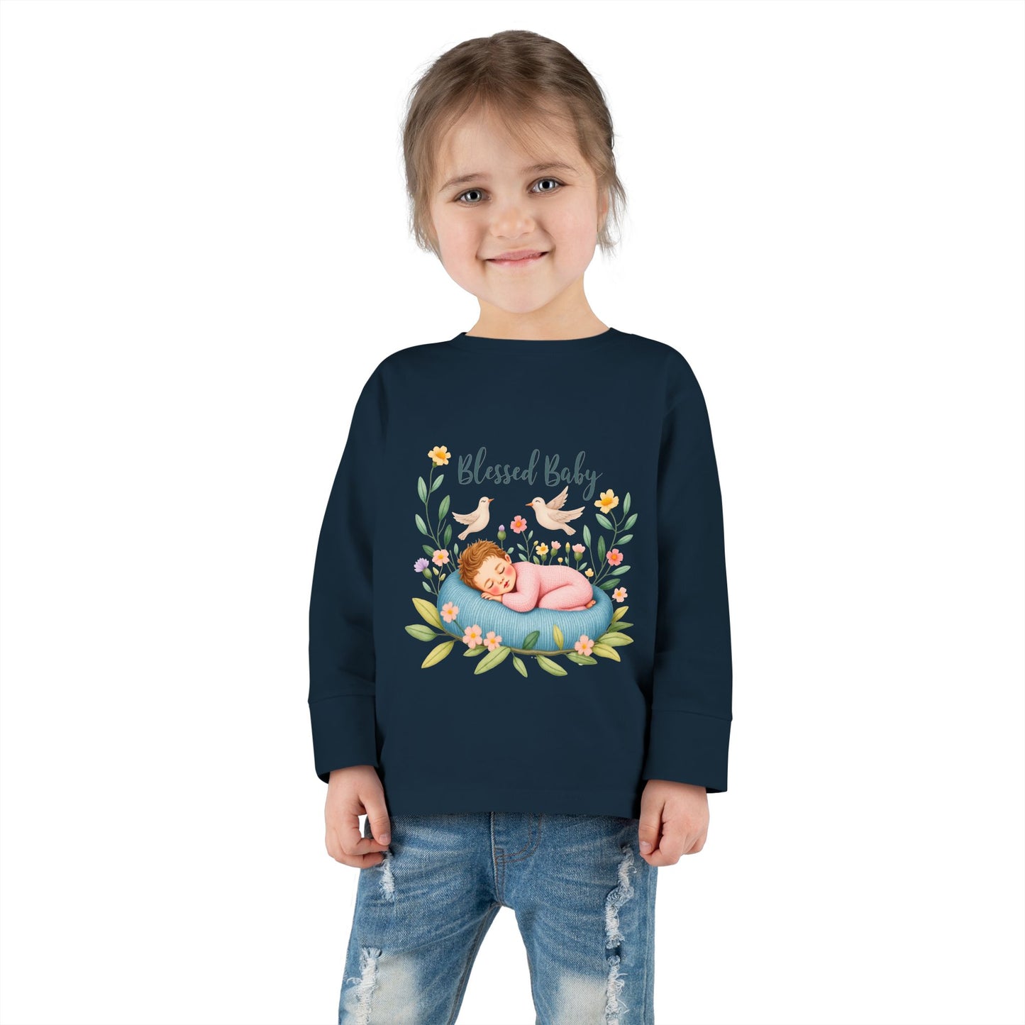 Blessed Baby Toddler Long Sleeve Tee — Cute Sleeping Newborn Floral Design