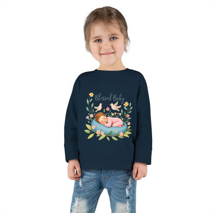 Blessed Baby Toddler Long Sleeve Tee — Cute Sleeping Newborn Floral Design