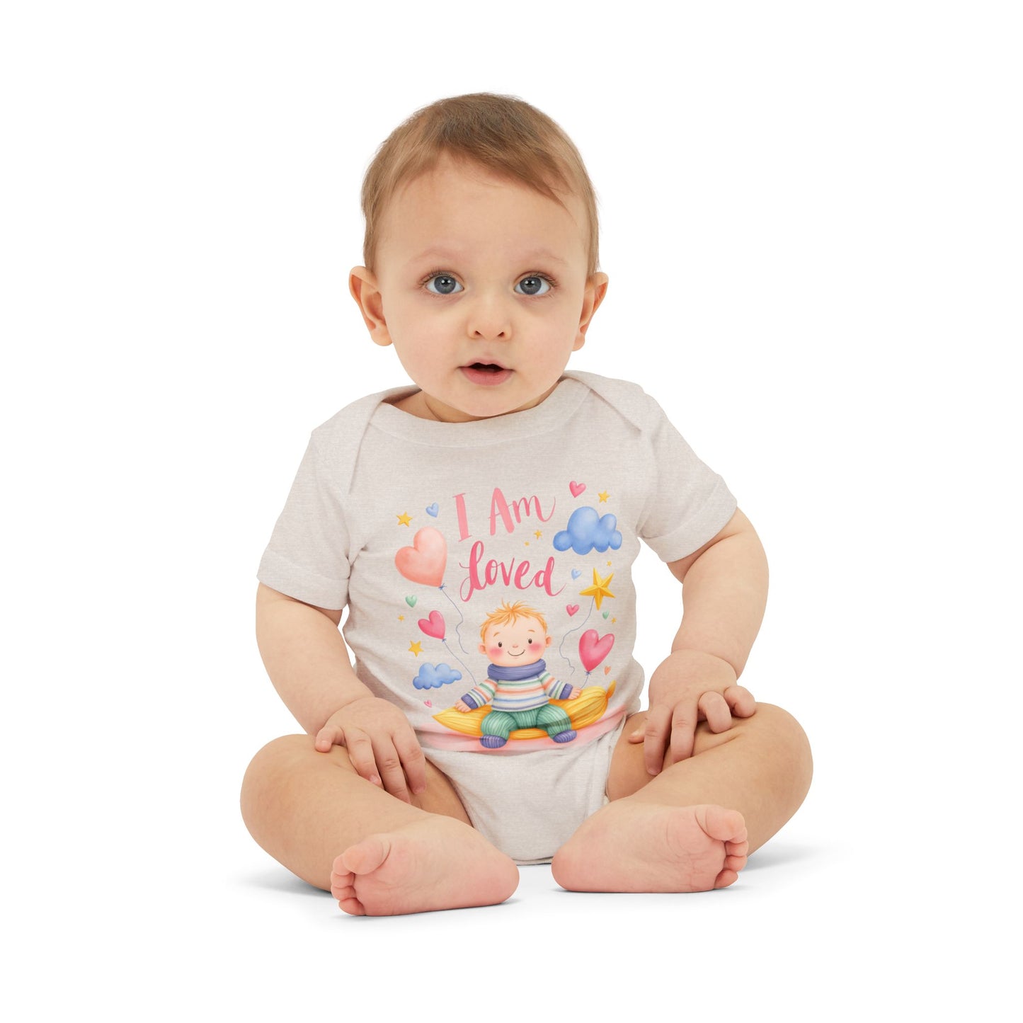 “I Am Loved” Baby Onesie – Cute Infant Bodysuit with Heart & Cloud Illustration