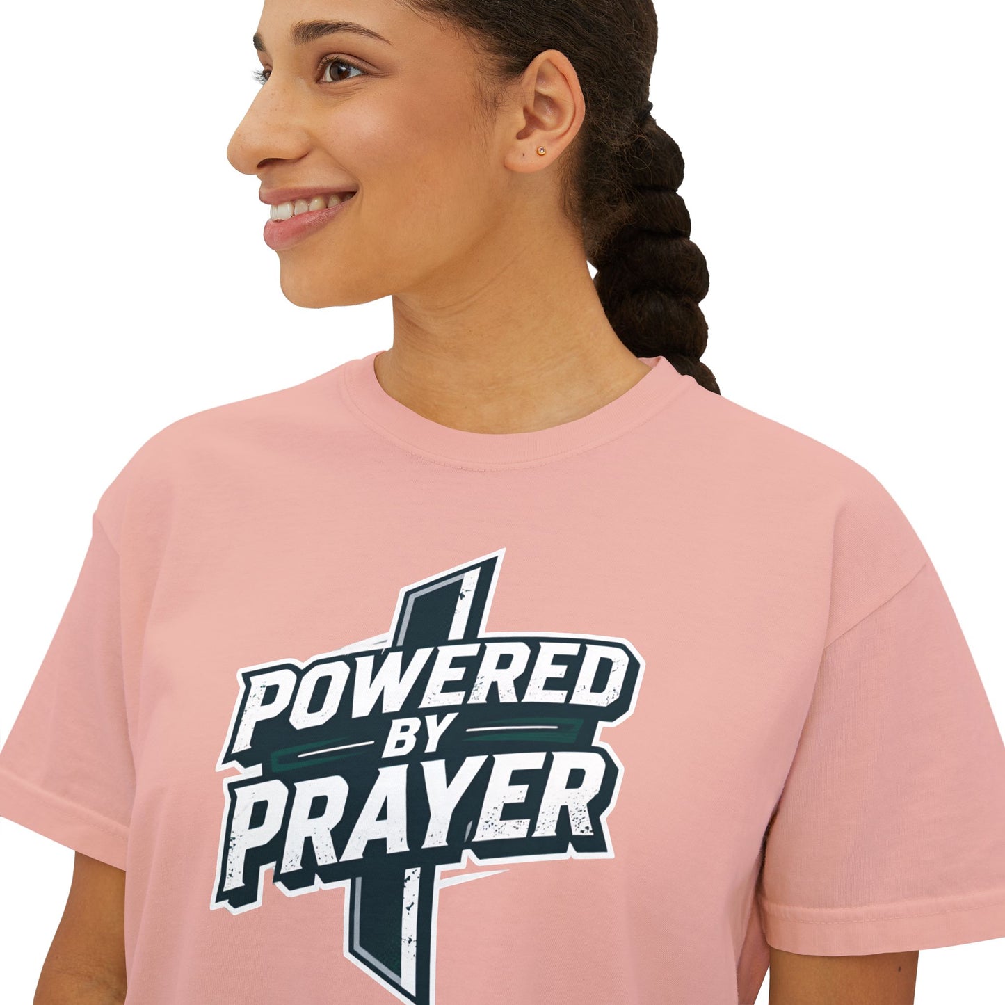Powered by Prayer Boxy Tee — Women's Christian Graphic Shirt