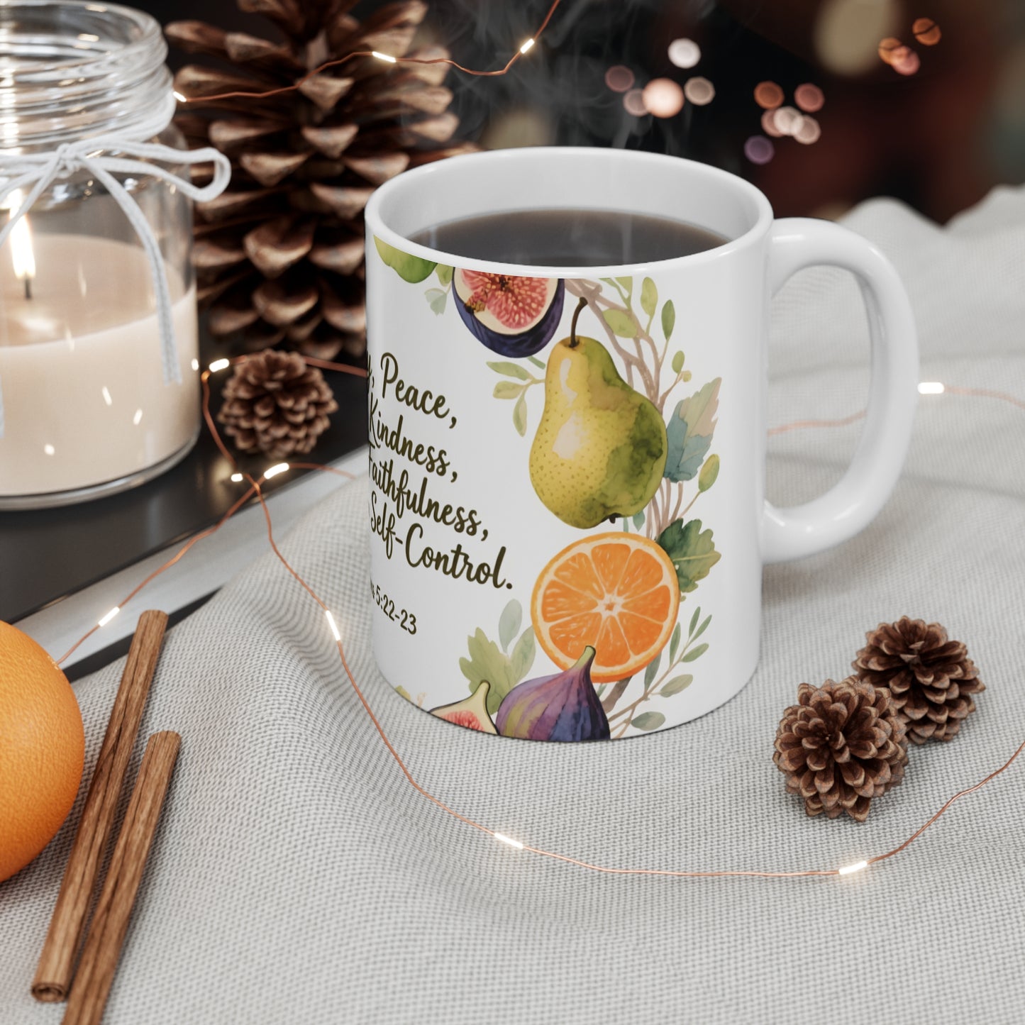 Love Joy Peace Scripture Mug — Galatians 5:22–23 Watercolor Fruit 11oz