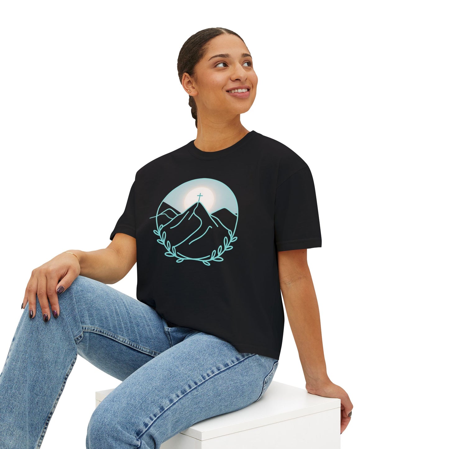 Women's Boxy Tee — Sunrise Mountain Line Art with Laurel (Calm, Faith-Inspired Vintage Tee)