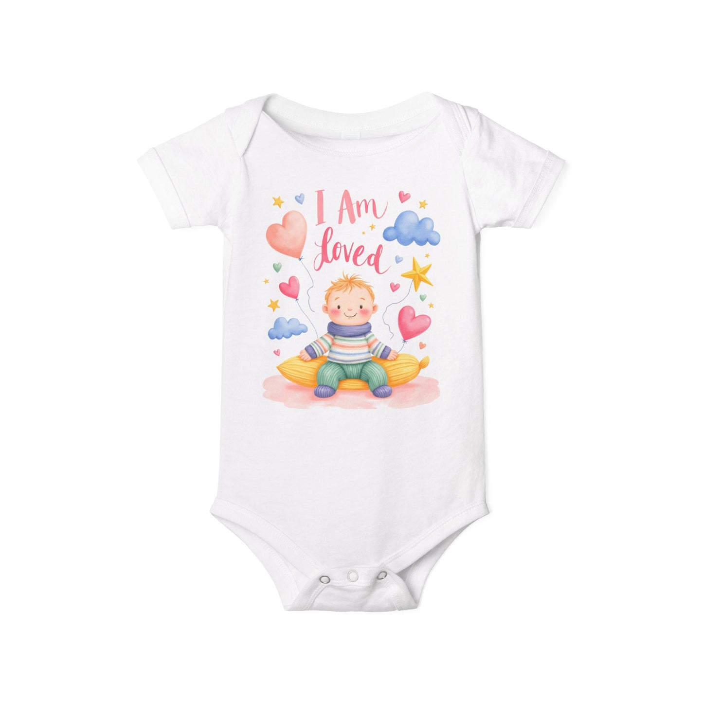 “I Am Loved” Baby Onesie – Cute Infant Bodysuit with Heart & Cloud Illustration