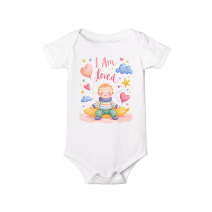 “I Am Loved” Baby Onesie – Cute Infant Bodysuit with Heart & Cloud Illustration