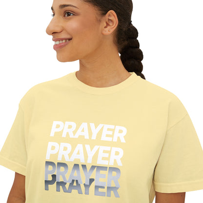 Prayer Boxy Tee — Women's Spiritual Graphic Top (Prayer Repeated Design)