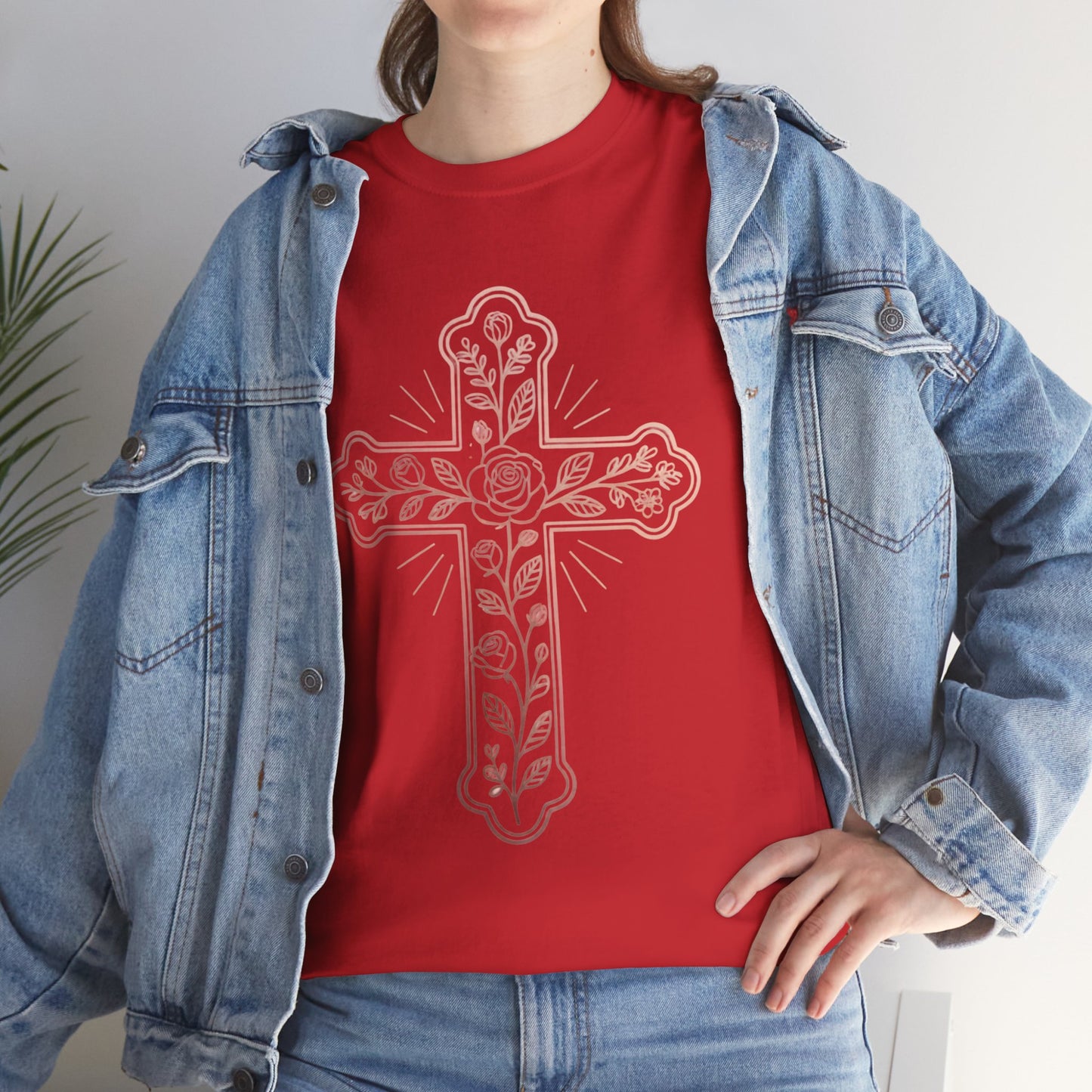 Floral Cross Tee – Delicate Pink Botanical Christian T-Shirt