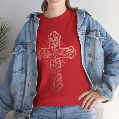 Floral Cross Tee – Delicate Pink Botanical Christian T-Shirt