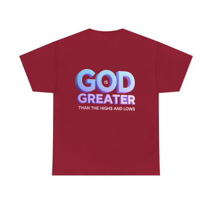 God Greater Gradient Tee — Soft Blue & Lilac Faith Shirt