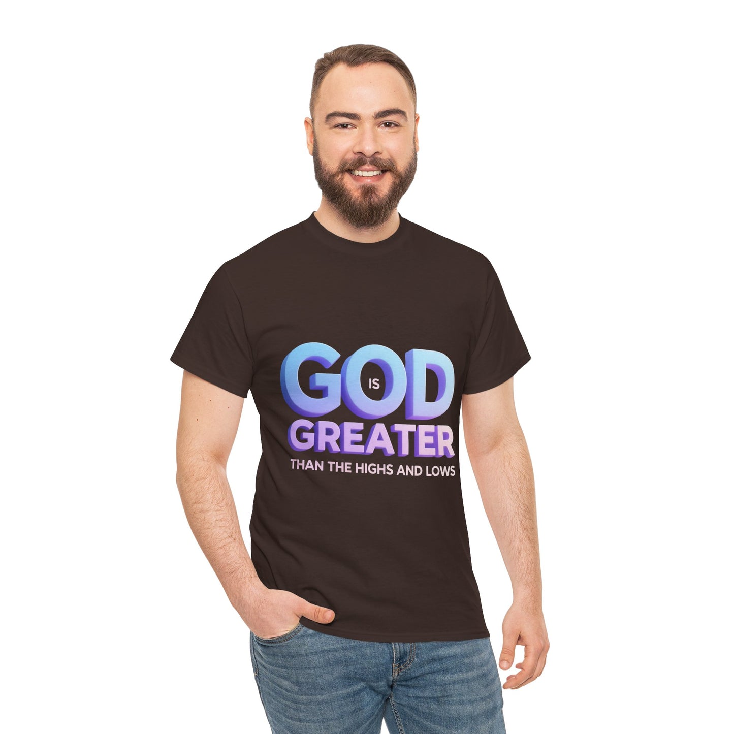God Greater Gradient Tee — Soft Blue & Lilac Faith Shirt