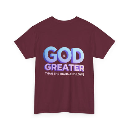 God Greater Gradient Tee — Soft Blue & Lilac Faith Shirt