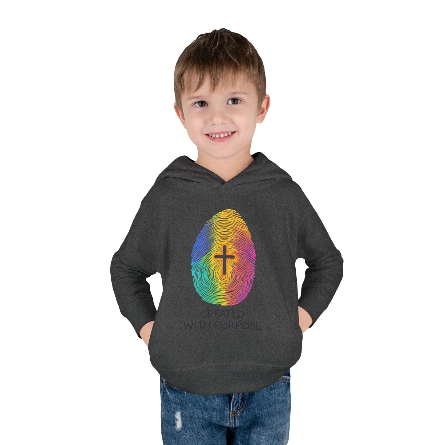 Toddler Hoodie — "Created With Purpose" Rainbow Fingerprint Cross