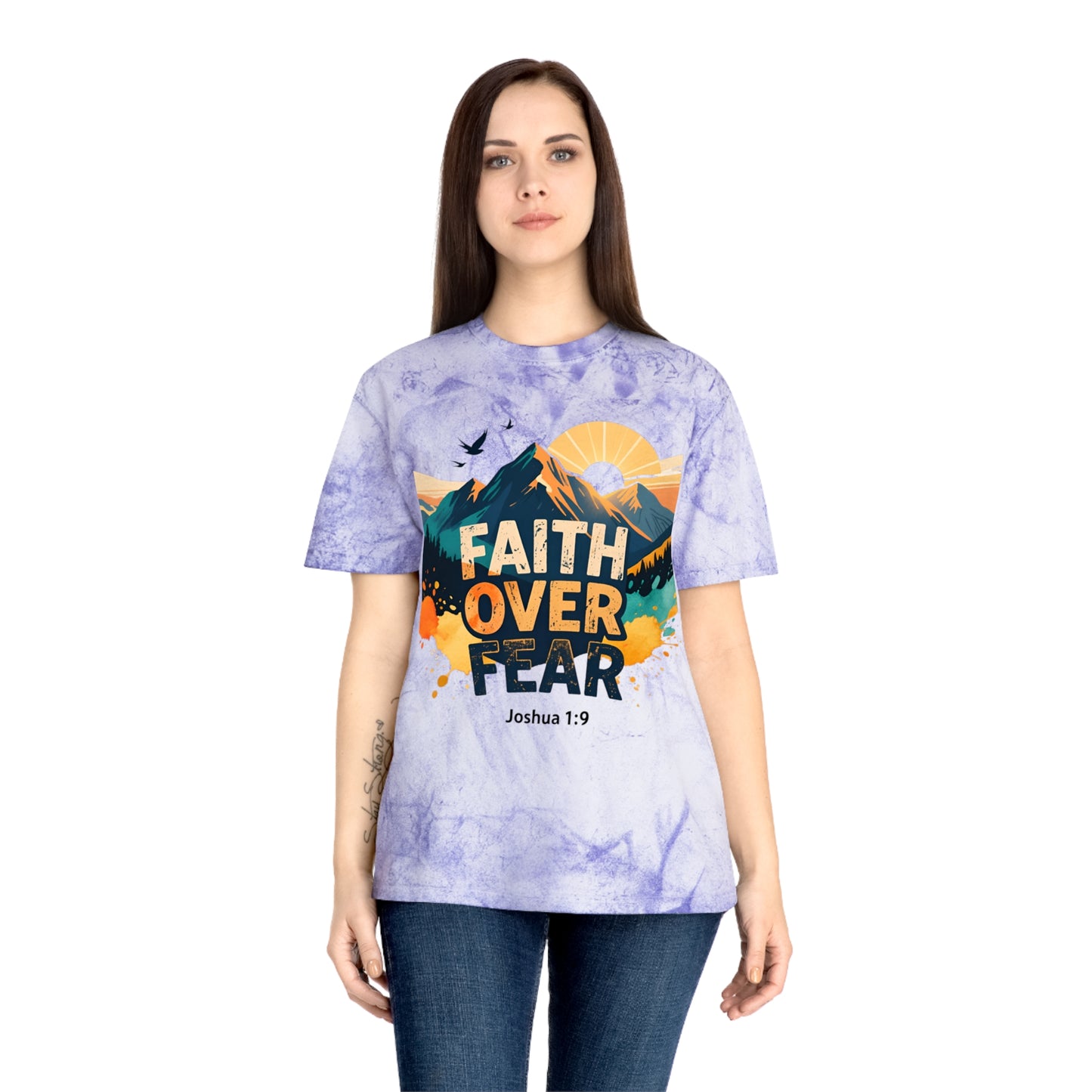 Faith Over Fear Color-Blast T-Shirt — Joshua 1:9 Retro Sunrise