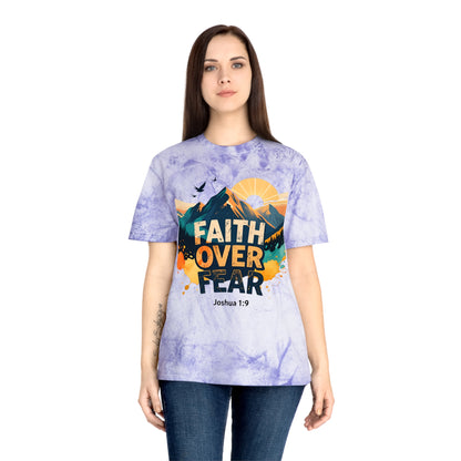 Faith Over Fear Color-Blast T-Shirt — Joshua 1:9 Retro Sunrise
