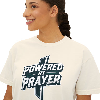 Powered by Prayer Boxy Tee — Women's Christian Graphic Shirt