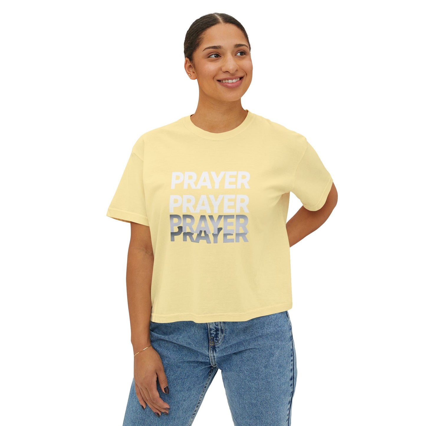 Prayer Boxy Tee — Women's Spiritual Graphic Top (Prayer Repeated Design)