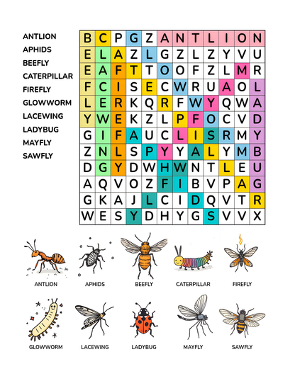 Insect Adventure Word Search Puzzle for Kids 64 Pages 8.5 x 11 Digital Download