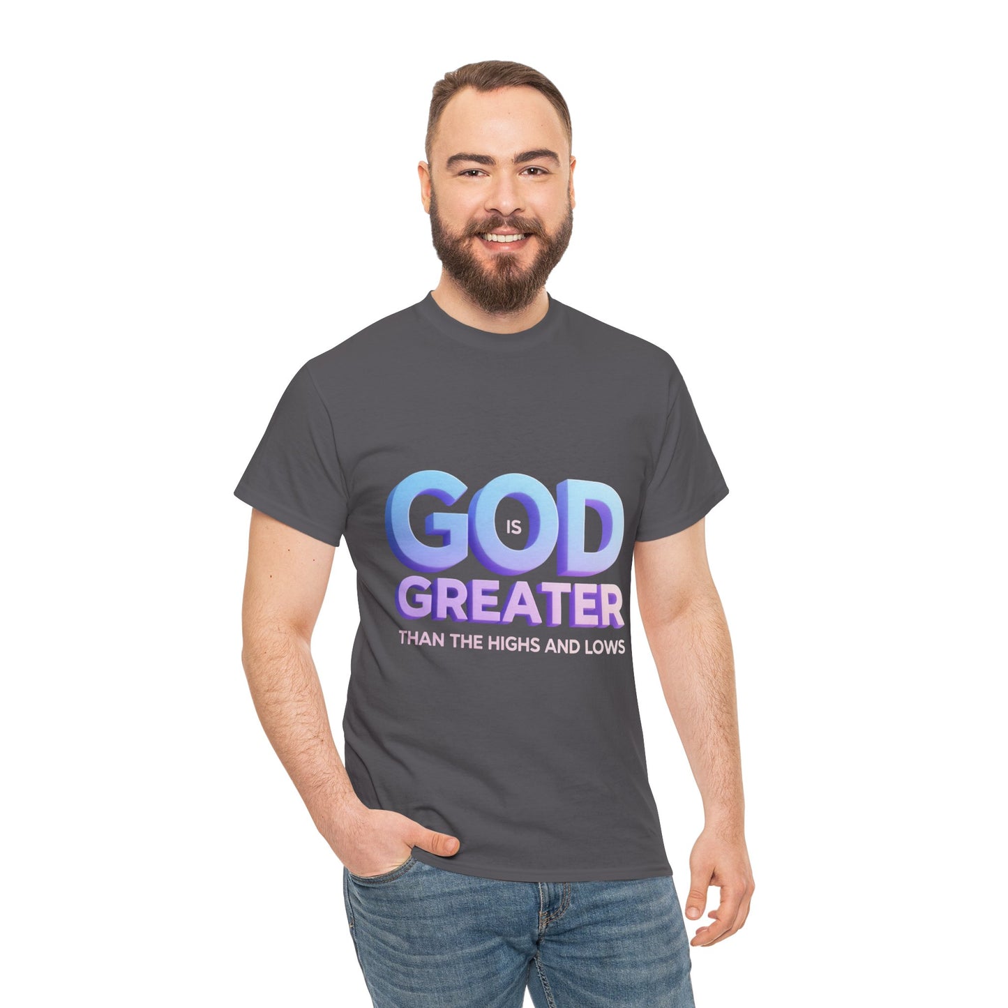 God Greater Gradient Tee — Soft Blue & Lilac Faith Shirt