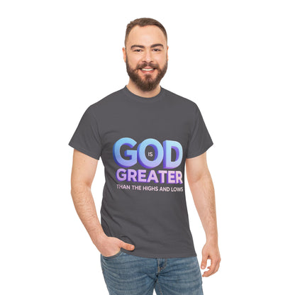 God Greater Gradient Tee — Soft Blue & Lilac Faith Shirt