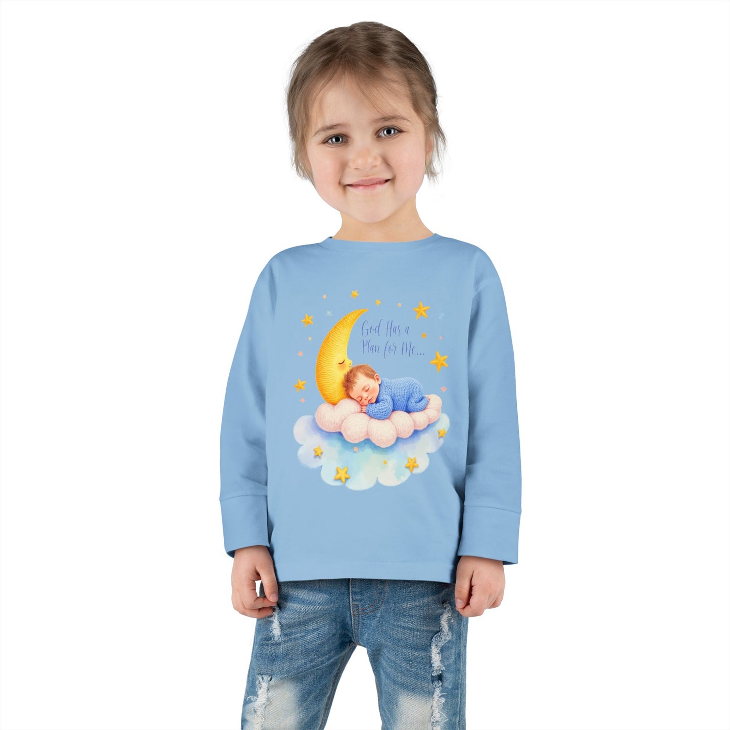 God Has a Plan for Me Toddler Long Sleeve Tee — Sleeping Baby on Moon Cloud