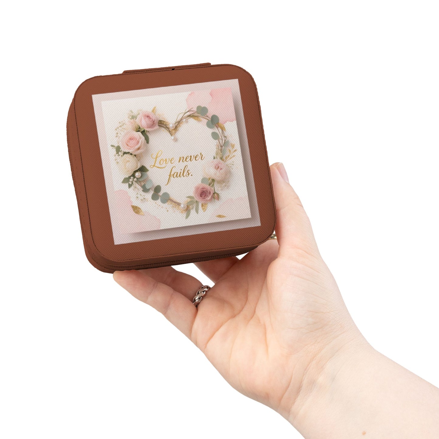 Portable Jewelry Travel Case - Pink Floral 'Love Never Fails' Organizer
