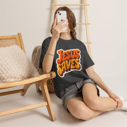 Jesus Saves Retro Tee — Bright Sunset Faith T-Shirt